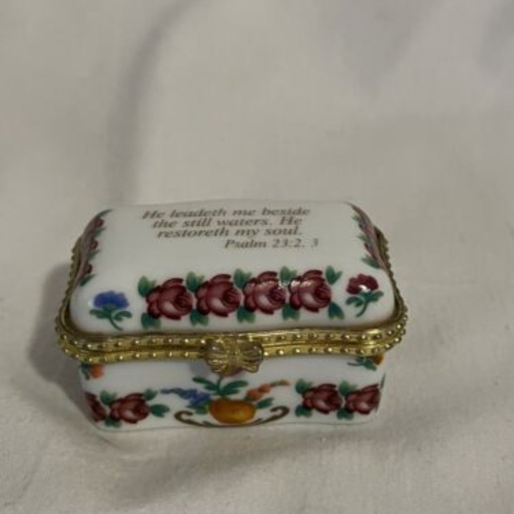Imperial Porcelain Square Shaped Hinged Trinket Box w/Bible Verse Psalm 23:2,3 - Picture 1 of 4